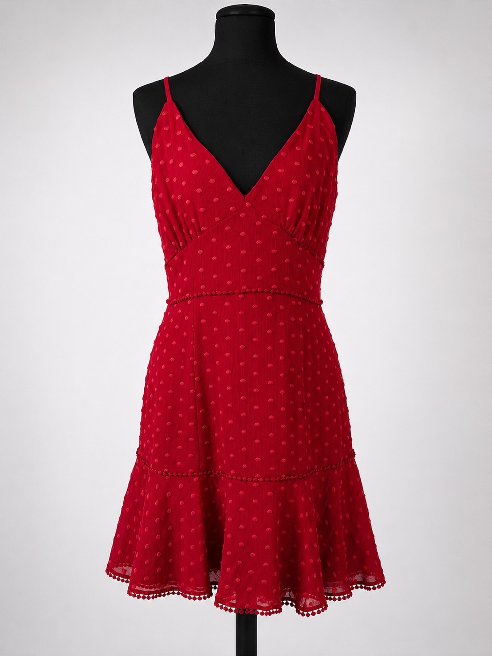 Keepsake Red Swiss Dot Mini Dress M Ruffle Hem Spaghetti Strap Party Cocktail